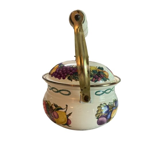 Vintage Cornucopia Fruit Enamel Teapot Ceramic Handle Farmhouse Kitchen Decor - Picture 3 of 6